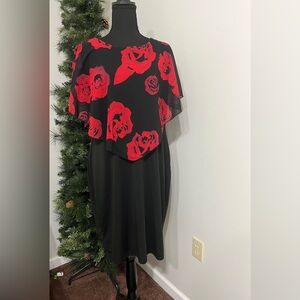Red and Black Asymmetrical Gown with Flutter Sleeves